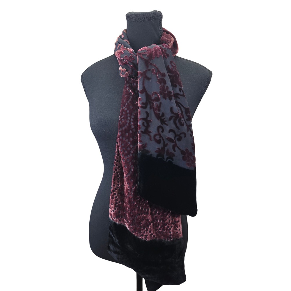 V Fraas Velvet Burnout Scarf Burgundy Black Floral Geometric Wrap Evening Shawl